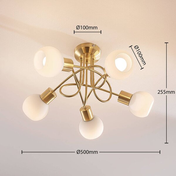 Lampa sufitowa Lindby Elaina, Ø50cm, 5-punktowa, kolor mosiądz, szkło