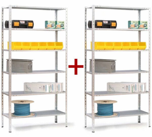 Regały półkowe 1+1 GRATIS, 75 kg, 2000x1000x500 mm, 6 półek, biały