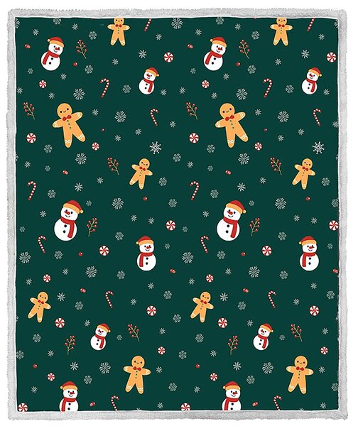 Świąteczny ciemnozielony koc z mikropluszu z barankiem SNOWMAN AND GINGERBREAD Rozmiar: 200 x 220 cm
