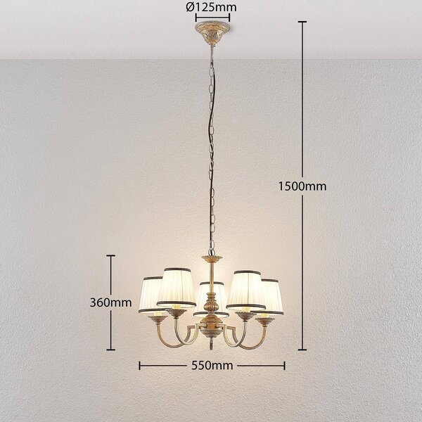 Żyrandol Lumiel Lindby, możliwość ściemniania, brązowy / mosiężny, salon / jadalnia, tkanina / materiał / jedwab, dworkowy / rustykalny