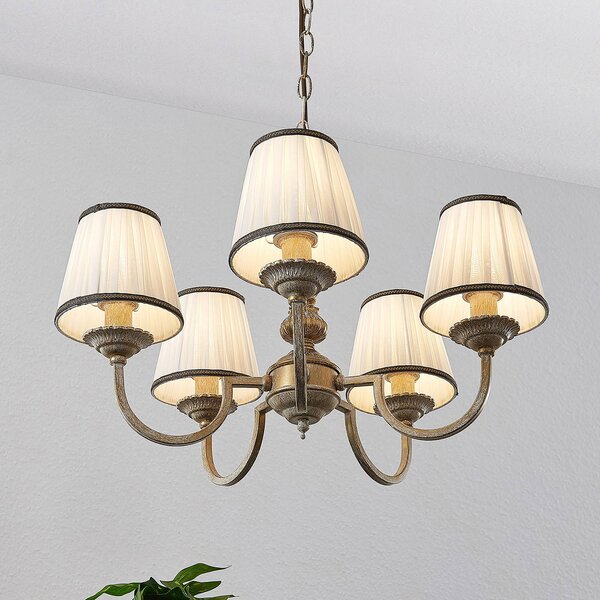 Żyrandol Lumiel Lindby, możliwość ściemniania, brązowy / mosiężny, salon / jadalnia, tkanina / materiał / jedwab, dworkowy / rustykalny