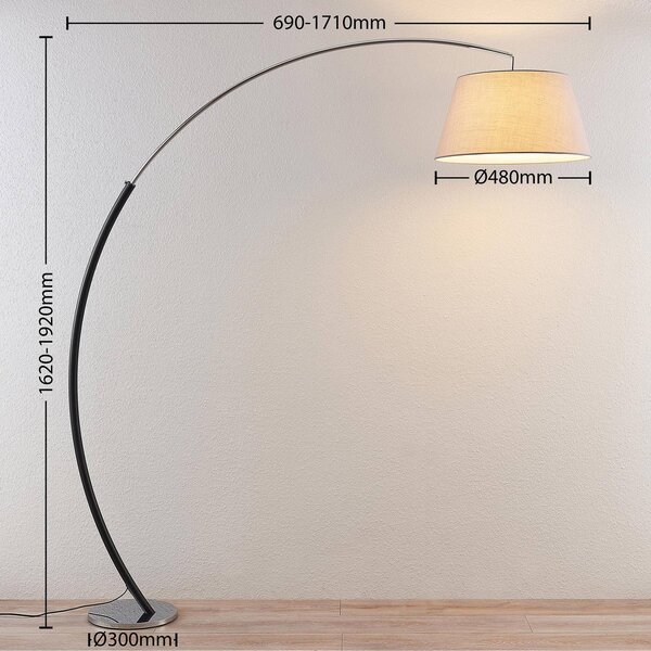 Lampa łukowa - lampa stojąca Evelyna Lucande, aluminiowy / szary / cynkowy, sypialnia, tkanina / materiał / jedwab, nowoczesny
