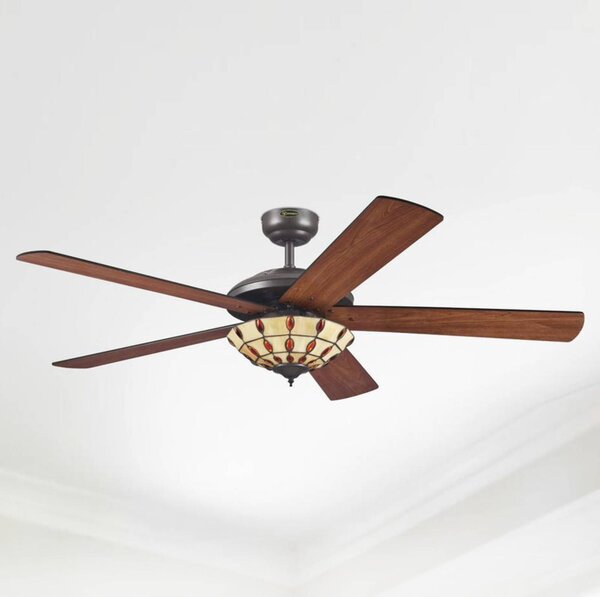 Westinghouse Comet T – wentylator z lampą w stylu Tiffany, ciemne drewno, salon / jadalnia, drewno, nowoczesny