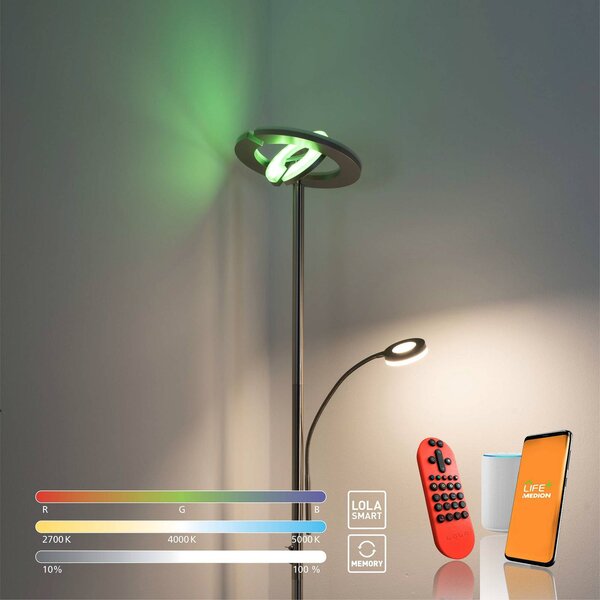 LOLA Smart Lampa LED oświetlająca sufit LOLAsmart Rocco z ramieniem do czytania Rocco, możliwość ściemniania, aluminiowy / szary / cynkowy, salon / jadalnia, metal, nowoczesny