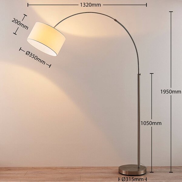 Lampa łukowa - lampa stojąca Railyn Lindby, biały / opal, salon / jadalnia, tkanina / materiał / jedwab, nowoczesny