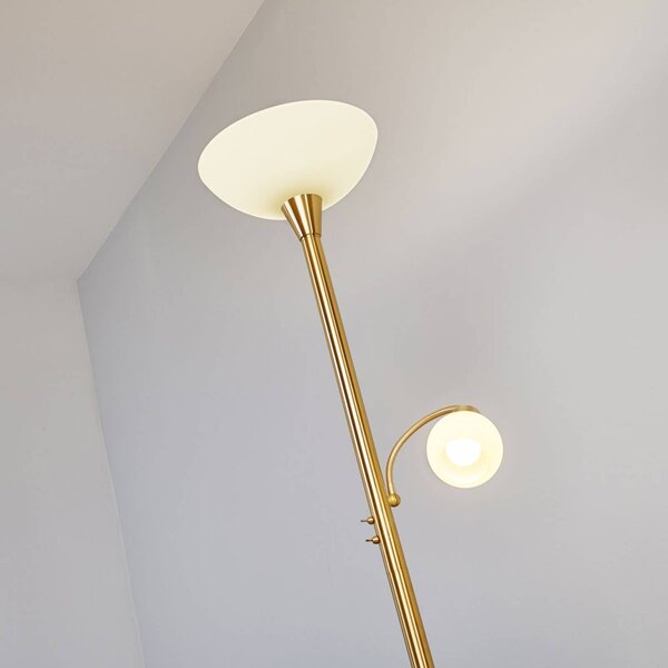 Lampa podłogowa Lindby Elaina, lampka do czytania, kolor mosiądz, 183cm E27 Elaina, mosiężny / złoty, salon / jadalnia, metal, nowoczesny