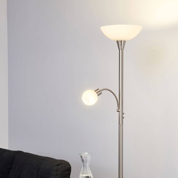 Lampa podłogowa Lindby Elaina, lampka do czytania, kolor niklowy, 180 cm, E27 Elaina, aluminiowy / szary / cynkowy, salon / jadalnia, metal, nowoczesny