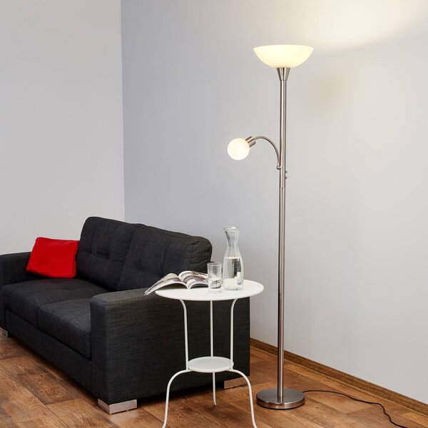 Lampa podłogowa Lindby Elaina, lampka do czytania, kolor niklowy, 180 cm, E27 Elaina, aluminiowy / szary / cynkowy, salon / jadalnia, metal, nowoczesny