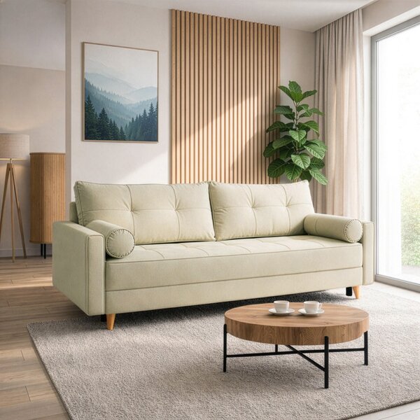 Sofa z Funkcją Spania LONAR Kremowa Welurowa Nowoczesna