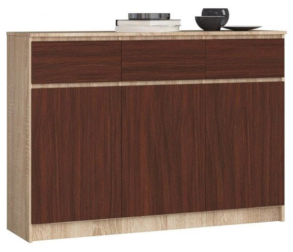 Komoda, 3 szuflady, 3 drzwi, ATLAS, 140x40x99 cm, dąb sonoma, wenge, mat | TYLETEGOTU