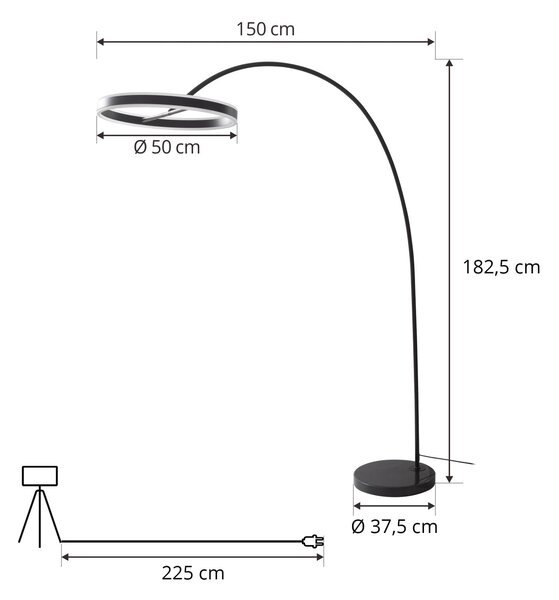 Lampa łukowa - lampa stojąca Yekta Lucande, możliwość ściemniania, czarny, salon / jadalnia, metal, design