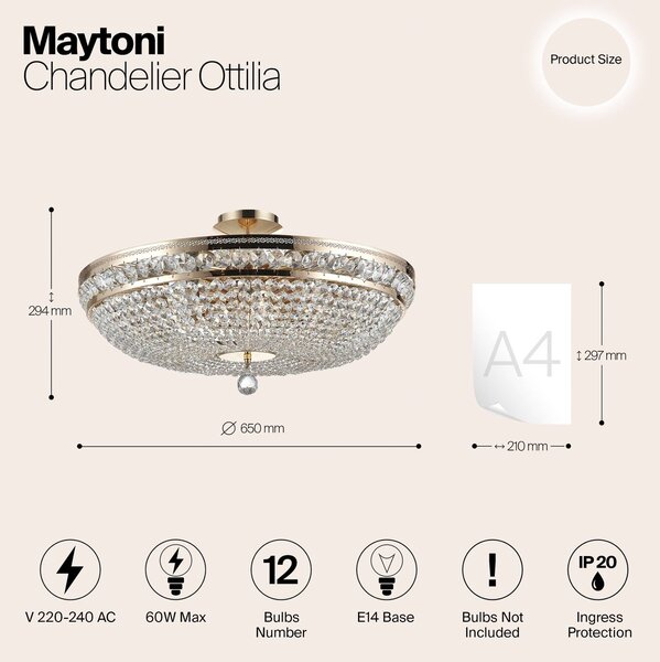 Maytoni Lampa sufitowa kryształowa Ottilia, możliwość ściemniania, mosiężny / złoty, salon / jadalnia, metal, antyczny
