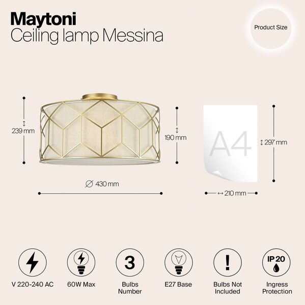 Maytoni Lampa sufitowa Messina, możliwość ściemniania, mosiężny / złoty, salon / jadalnia, tkanina / materiał / jedwab