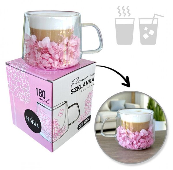 Szklanka termiczna z hortensją w środku jasny róż 180 ML 1szt SZK74