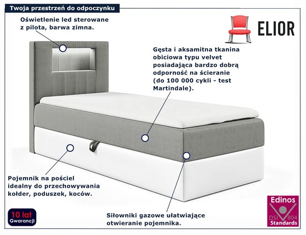 Szare łóżko pojedyncze z oświetleniem LED 3 rozmiary L7-W36