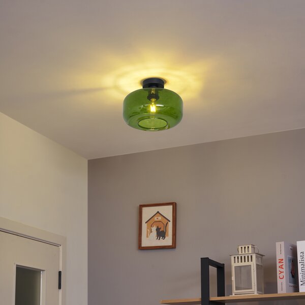 Retrowana lampa sufitowa czarna ze szklanym zielonym kloszem - Bizle