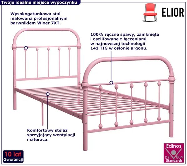 Różowe minimalistyczne łóżko metalowe 100x200 cm S4-T73