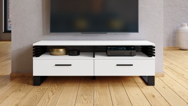 GOKEE RTV-145 Biały Mat/Czarny Mat - NOWOCZESNA SZAFKA POD TELEWIZOR Z LAMELAMI