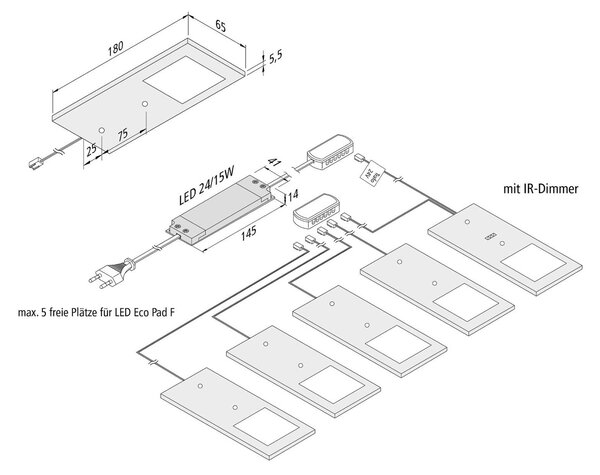 Hera Oprawa podszafkowa LED Eco-Pad F 5x 4 000 K alu F, możliwość ściemniania, aluminiowy / szary / cynkowy, kuchnia, aluminium, nowoczesny