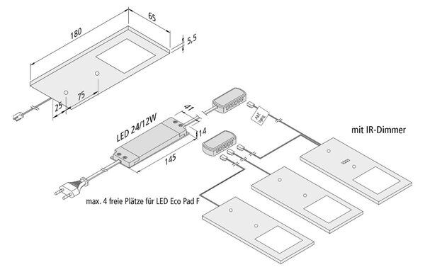 Hera Oprawa podszafkowa LED Eco-Pad F 3x 4 000 K alu F, możliwość ściemniania, aluminiowy / szary / cynkowy, kuchnia, aluminium, nowoczesny