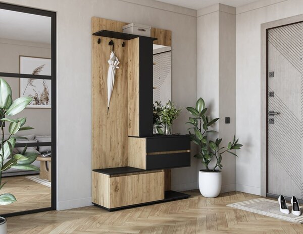 Nowoczesna garderoba z lustrem dąb złoty / czarny | Umeblowana.com