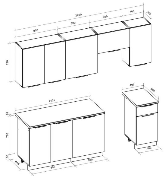 Komplet szafek kuchennych do aneksu 240 cm | Umeblowana.com