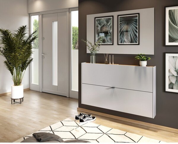 Kremowa uchylna/wisząca szafka na buty w dekorze dębu 140x83x18 cm Ameca – Germania