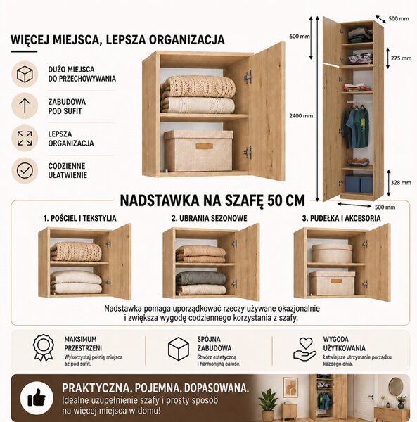 Szafa z nadstawką do wąskiego korytarza 50x240cm | Umeblowana.com