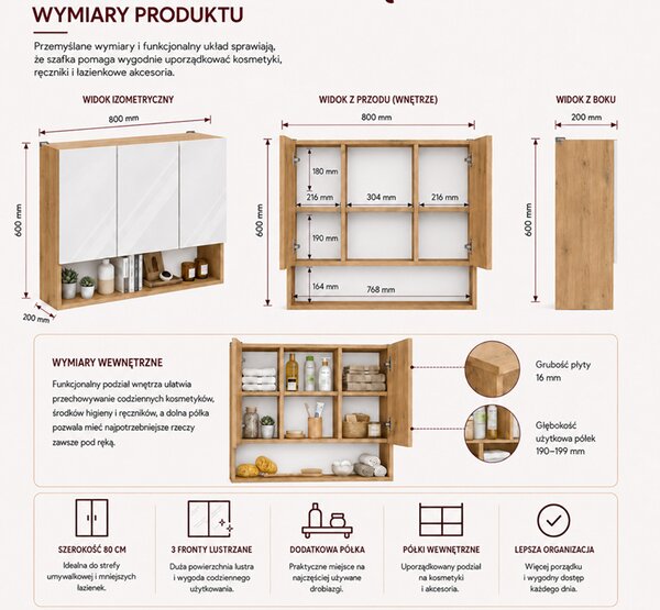 Wisząca szafka łazienkowa z lustrem 80cm | Umeblowana.com