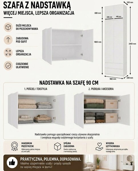 Biała szafa na ubrania z nadstawką | Umeblowana.com