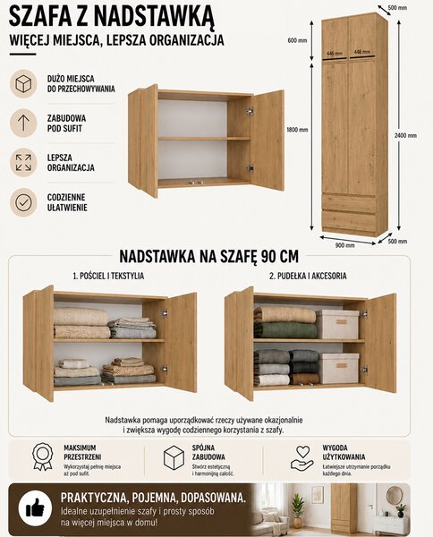 Szafa z nadstawką dąb artisan 240 cm | Umeblowana.com