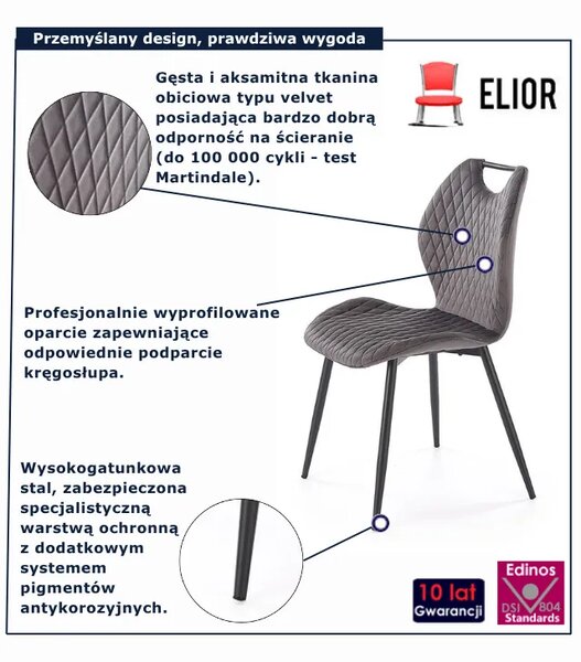 Pikowane welurowe szare krzesło T5-Z63
