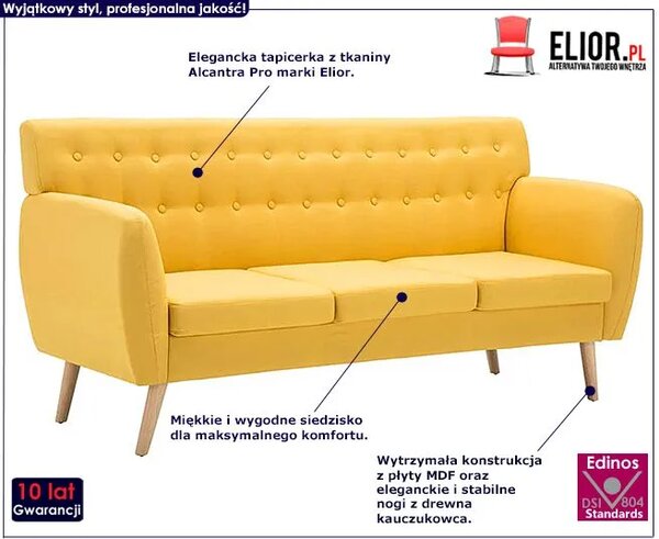3-osobowa żółta sofa pikowana R8-K94