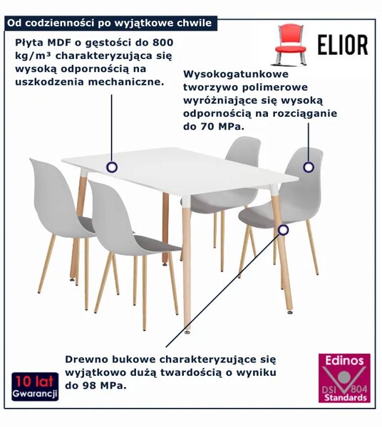 Biały stół + 4 szare krzesła na bukowych nogach W5-H41