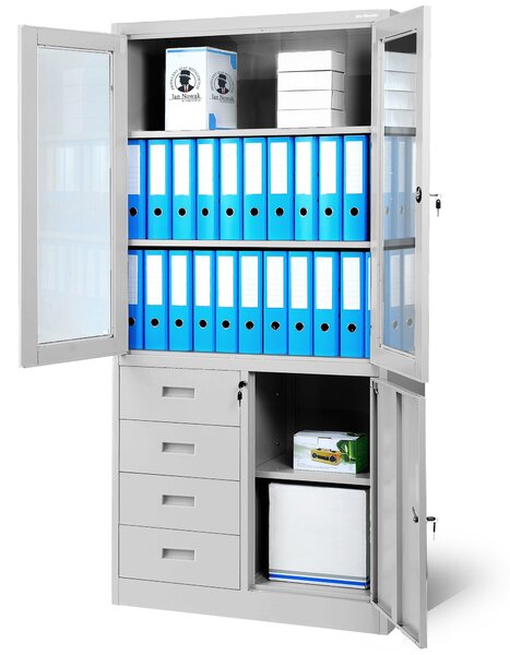 Szafa biurowa przeszklona na akta z 4 szufladami szara, 900x1850x400 mm: WIOLA