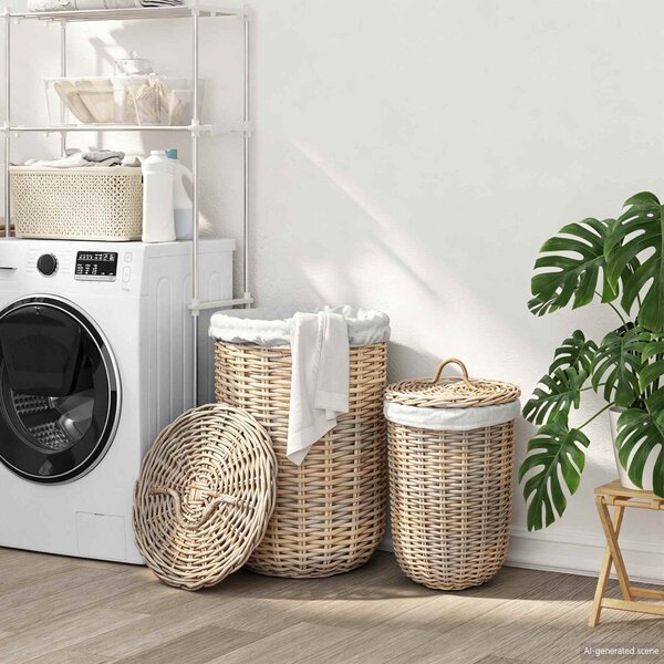 Kosz na pranie z pokrywą 2 szt. Naturalna szarość Rattan Kubu