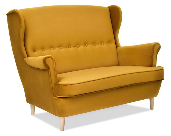 Sofa dwuosobowa tapicerowana malmo miodowa z weluru na wysokich nóżkach buk