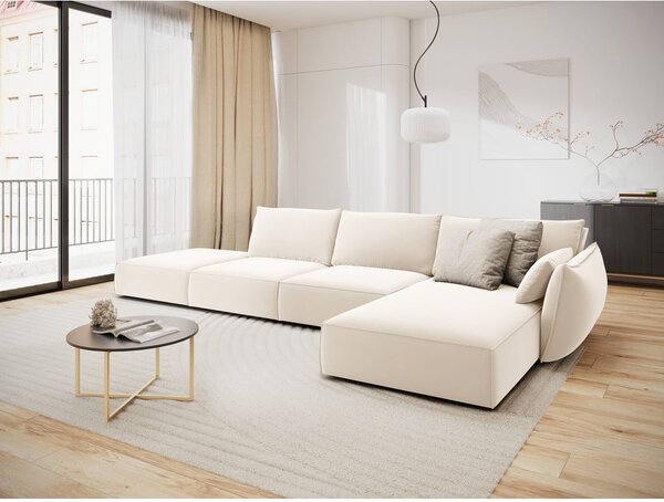 Beżowy aksamitny narożnik (prawostronny/z szezlongiem) Vanda – Mazzini Sofas