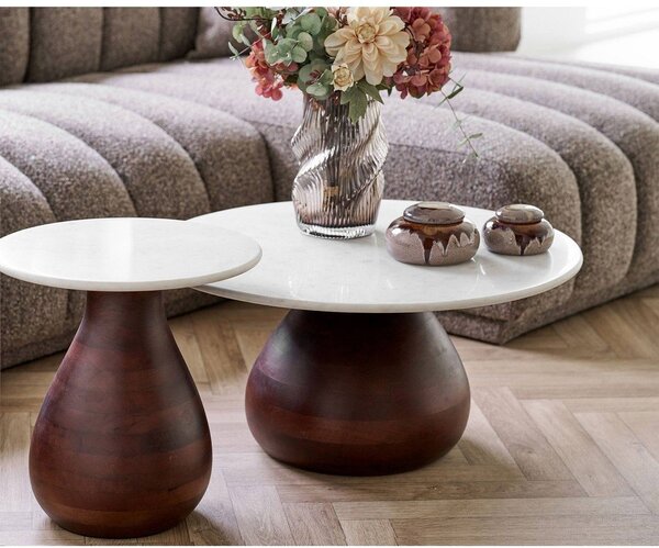Biało-ciemnonaturalny okrągły stolik z marmurowym blatem ø 70 cm Heide – House Nordic