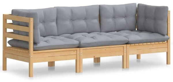 Sofa 3-osobowa ogrodowa z szarymi poduszkami, drewno sosnowe
