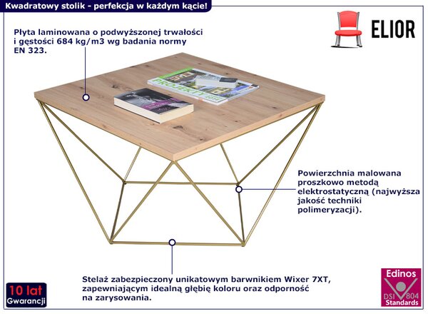 Druciany stolik kawowy dąb artisan+ złoty G7-C86