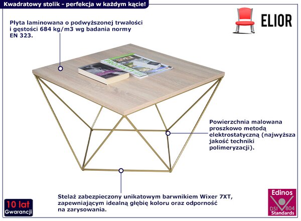 Kwadratowy stolik kawowy dąb sonoma + złoty L2-W32