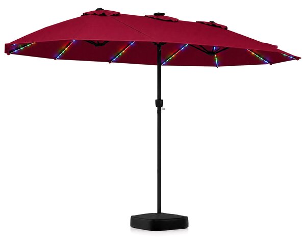 Podwójny parasol ogrodowy z podstawą i solarnymi lampkami LED