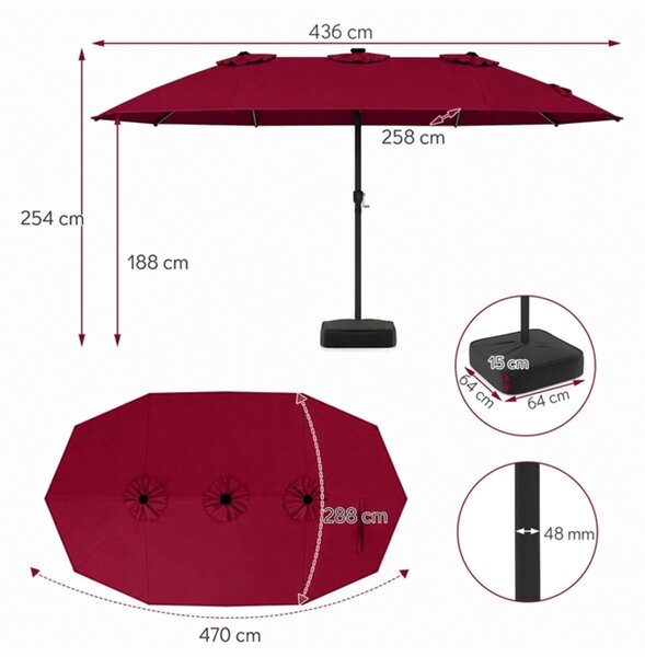 Podwójny parasol ogrodowy z podstawą i solarnymi lampkami LED