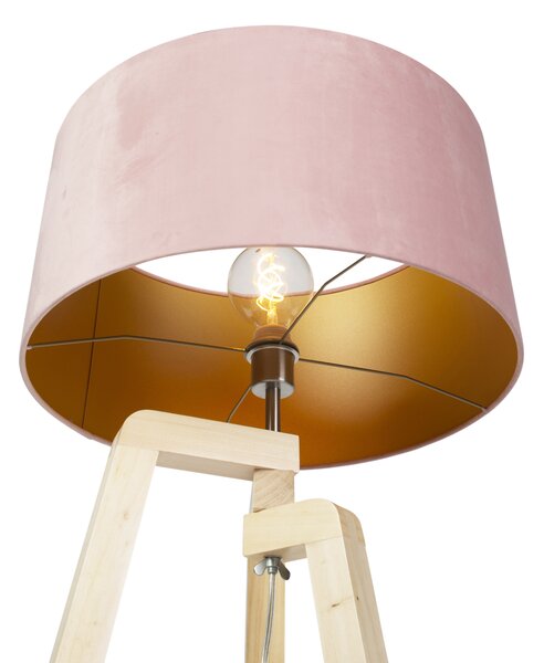 Lampa podłogowa stojakowa drewniana z różowym aksamitnym abażurem 50 cm - Puros