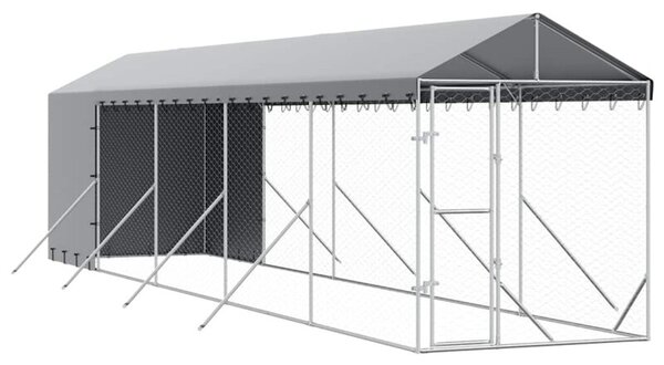 Kojec dla psa, z dachem, srebrny, 2x10x2,5m, stal galwanizowana