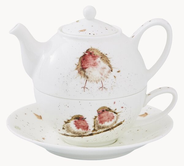 Komplet filiżanki ze spodkiem z porcelany kostnej Tea For One Robin, 3 elem
