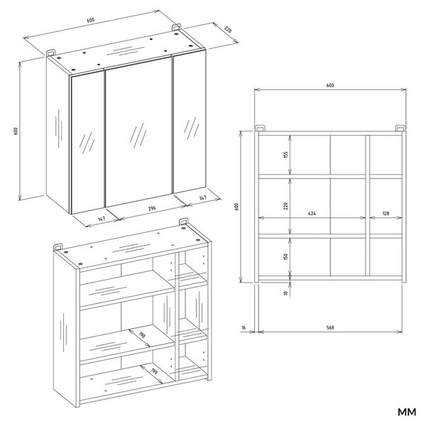Biała trzydrzwiowa lustrzana szafka łazienkowa 60cm R5-L21