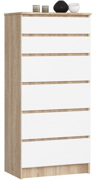 Komoda do sypialni, pokoju, 6 szuflad, STILO, 60x40x130 cm, dąb sonoma, biel, mat | TYLETEGOTU