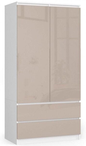 Szafa do sypialni, 2 szuflady, drzwi, DORMI, 90x51x180 cm, biel, cappuccino, połysk | TYLETEGOTU